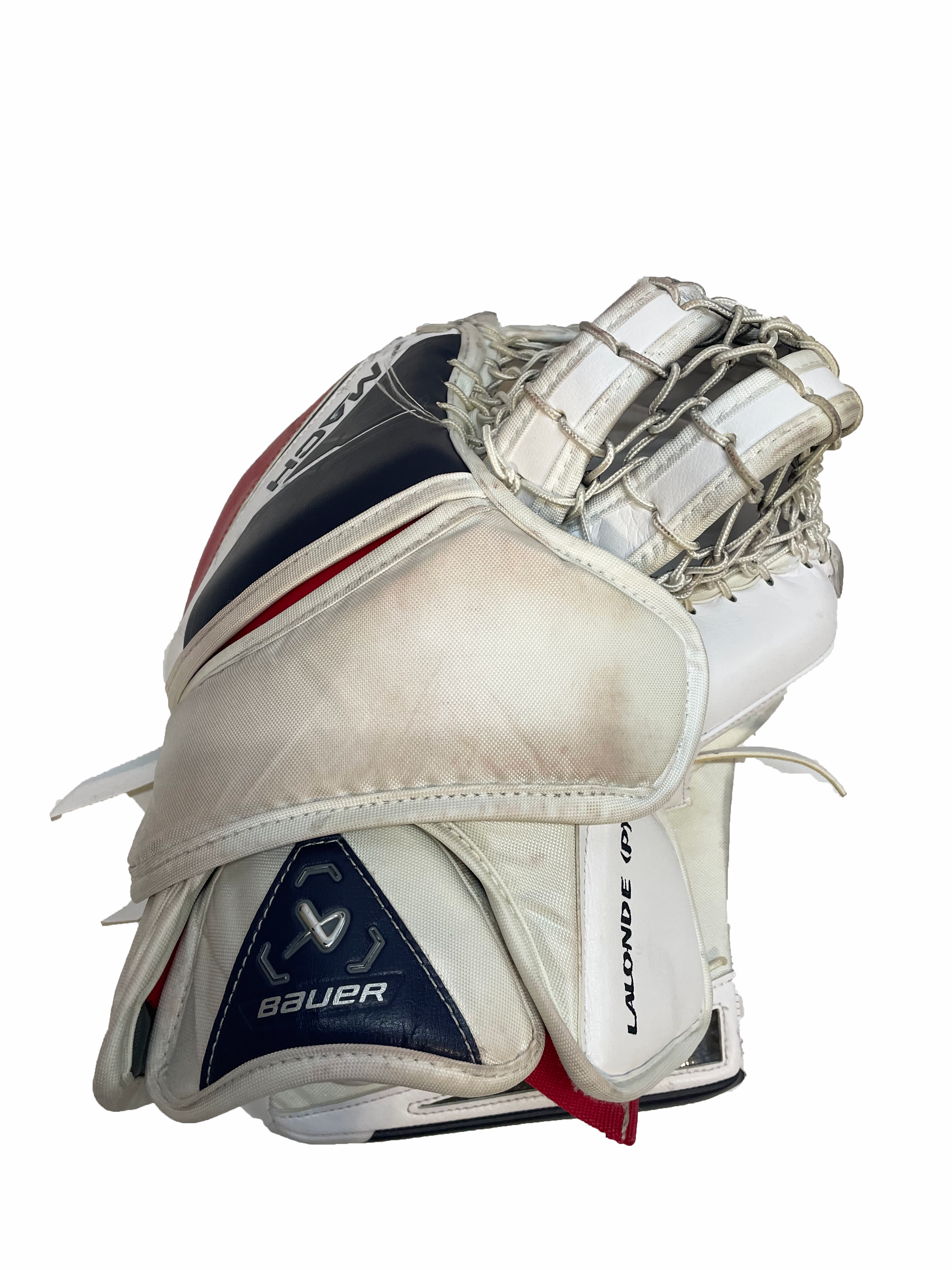 Bauer Supreme Mach - Gant de gardien de but Pro Stock d'occasion (blanc/bleu marine/rouge)